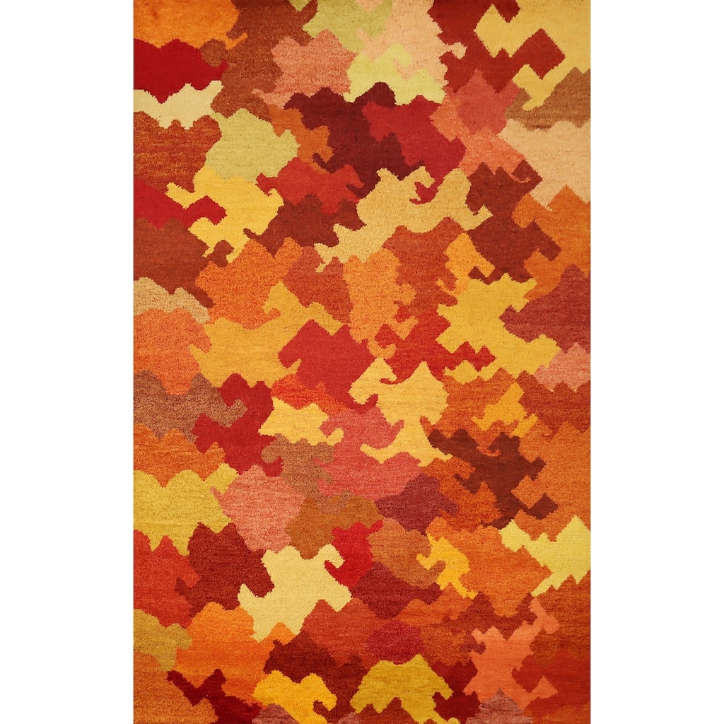 Hand Knotted Oriental 100% Wool Carpet Modern Geometric Oranges & Rust Gabbeh Area Rug - 9' 7'' X 6' 4''