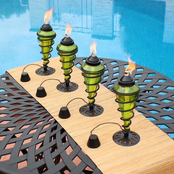 Sunnydaze Green Glass Outdoor Tabletop Torches - Fiberglass Wicks - Set of 4