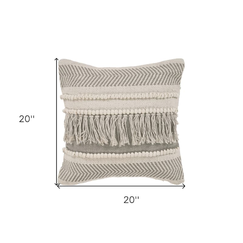 Set of Two Beige Striped Cotton Throw Pillow With Fringe