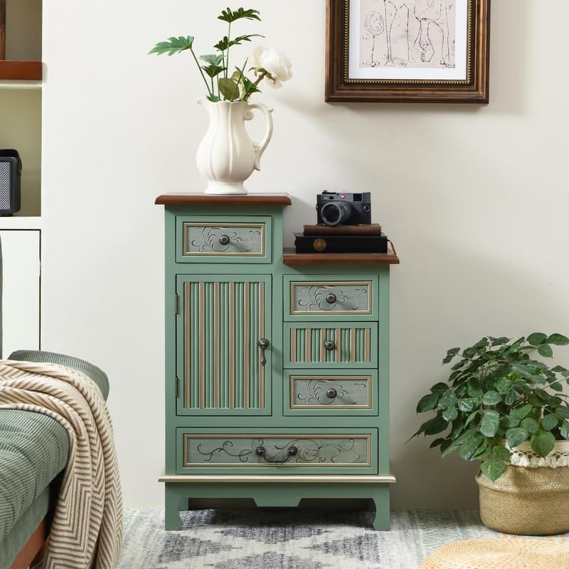 Farmhouse Accent Chest with Carved Door and 5-Drawers - Vintage green