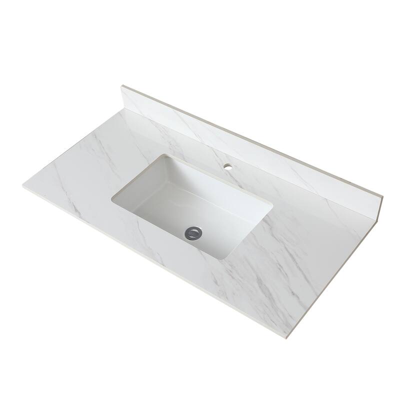 43" Bianco Venato Carrara White Vanity Top with Ceramic Sink, 4" Backsplash, Pre-Drilled Faucet Hole, Sintered Stone Material - 42.99in L Sintered Stone - White2
