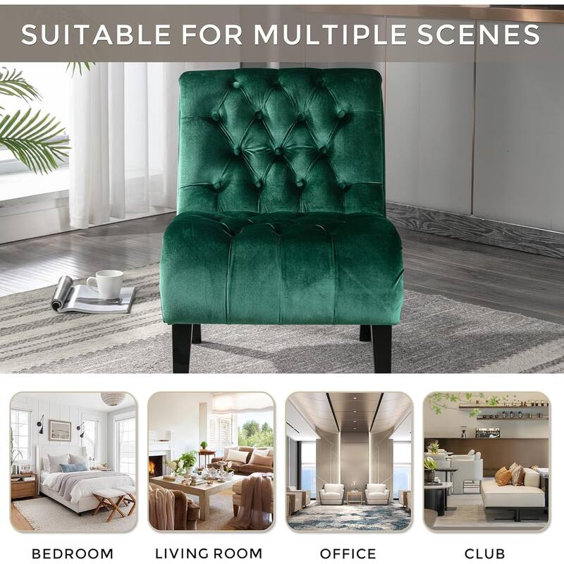 Roomfitters Velvet Armless Accent Chair, Upholstered Button Leisure Chair with Wood Legs for Living Room