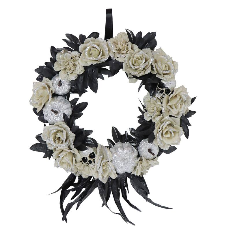 Haunted Hill Farm 15-In. Halloween Floral Wreath with Glitter Pumpkins and Skulls for Haunted House Hanging Decoration