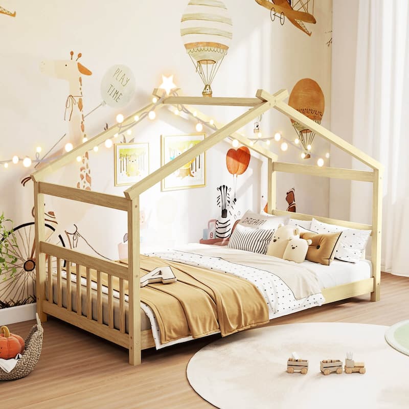 Costway Twin Size House Bed with Roof Wooden Low Floor Bed No Box