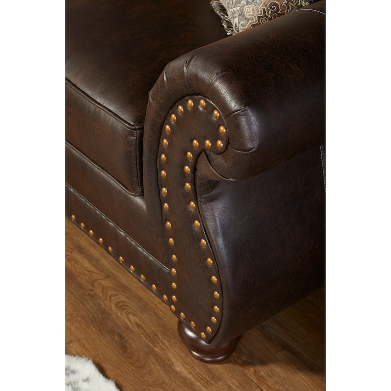 Roundhill Furniture Leinster Fabric Upholstered Nailhead Sofa, Loveseat, and Chair Set in Espresso