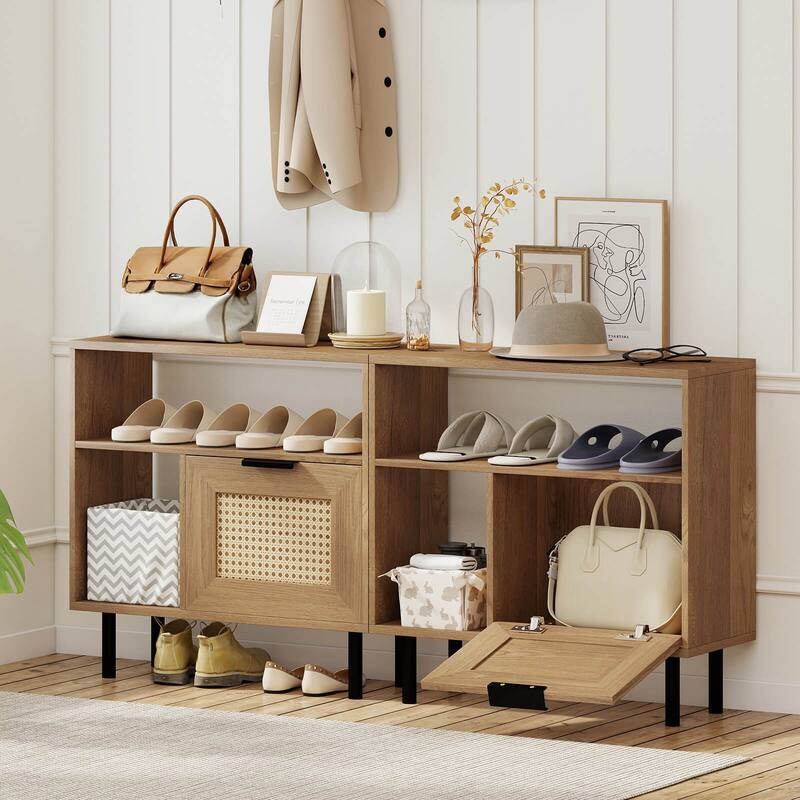 Costway Boho Rattan Nightstand Wooden End Table with Storage Shelf