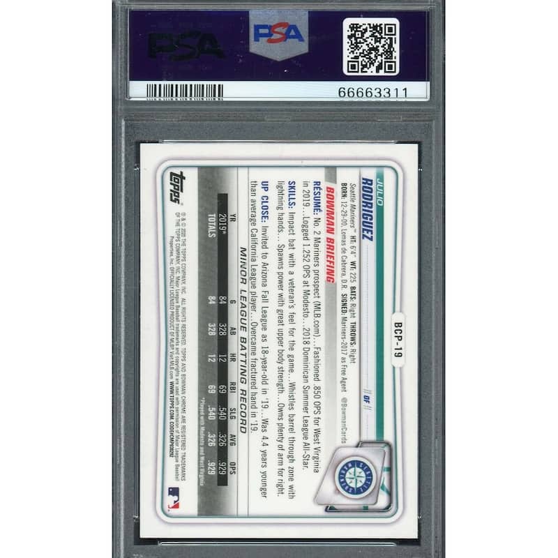 Julio Rodriguez 2020 Bowman Chrome Baseball Rookie Card RC #BCP19 Graded PSA 10 - 8'6" x 11'6"