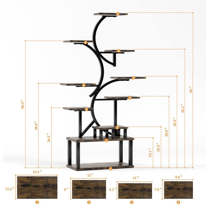 68.5 in. H Brown S-shaped MDF Indoor Plant Stand with 5 Grow Lights 10 Tiered Tall Plant Shelf 10-Level Stepless Dimming