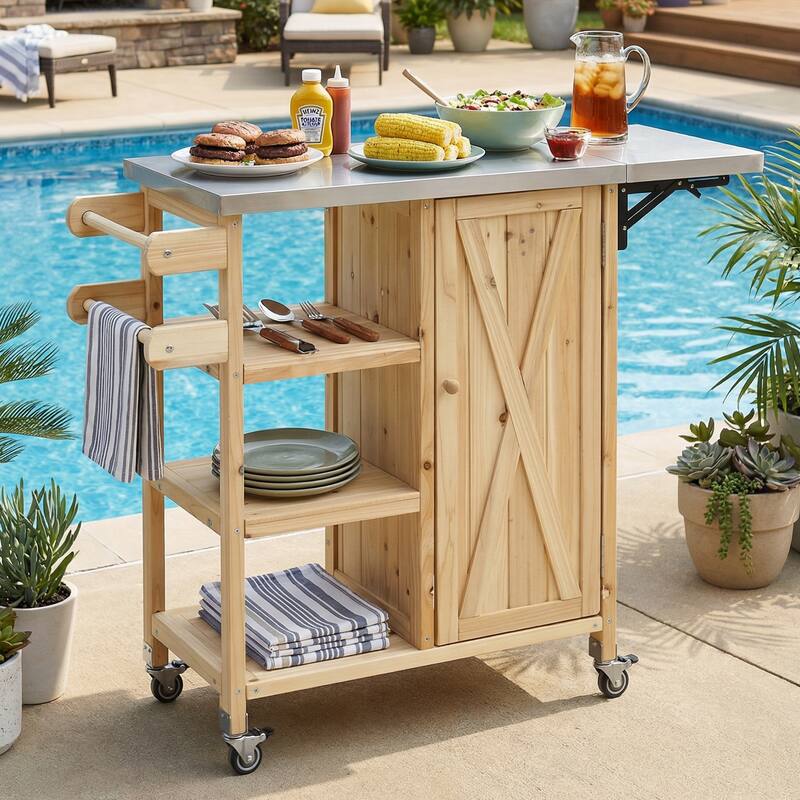 Foldable Outdoor Portable Kitchen Island Cart with Lockable Wheels, Storage Cabinet & Towel Rack - Natural