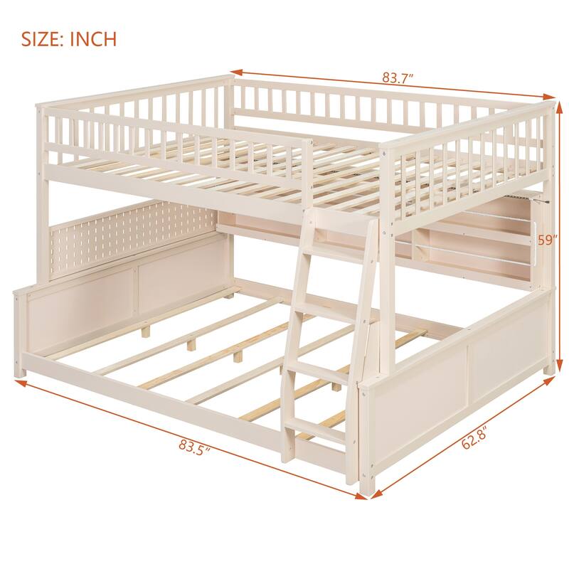 Roomfitters Full XL over Queen Bunk Bed with Storage Shelf, Pegboard and LED Lights