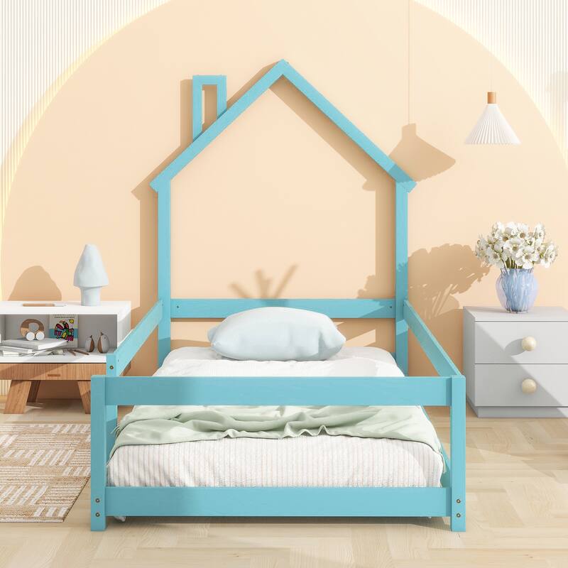 Twin Size Wood bed with House-shaped Headboard