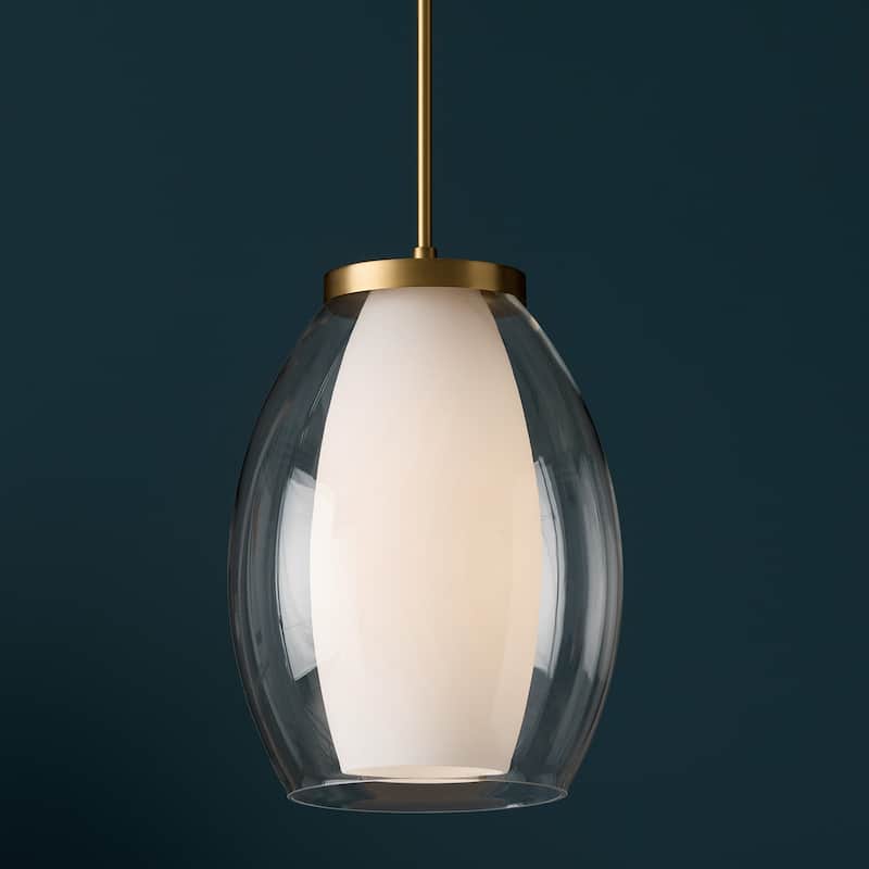 13" W x 18" H 1-Light Pendant in Aged Brass with Layered White and Clear Glass - 13"W x 18"H