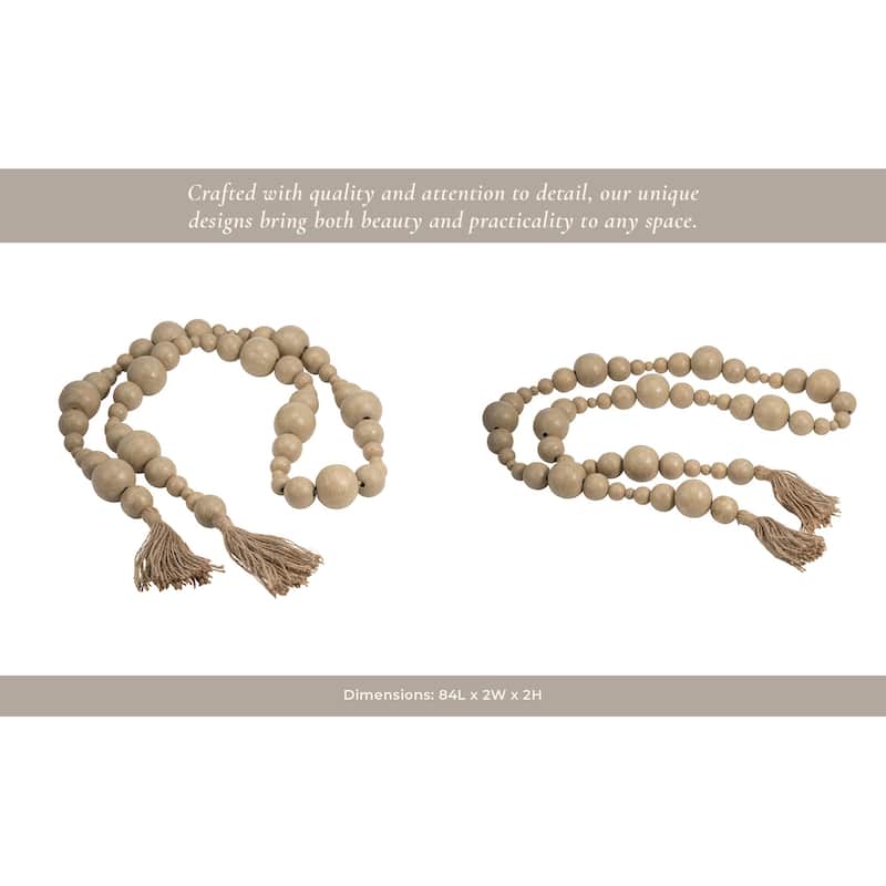 Sagebrook Home Handcrafted Wood & Jute Beaded Garland with Geometric Accents and Tassels for Home Decor - 84" x 2" x 2"