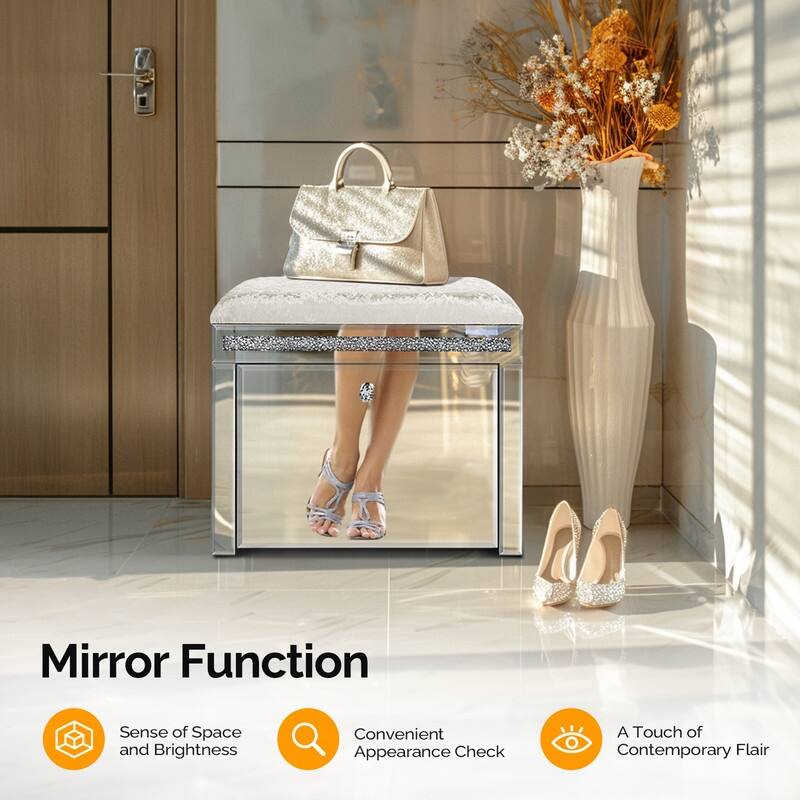 Pre-Assembled Mirrored Shoe Storage Bench with Flip Drawer Silver