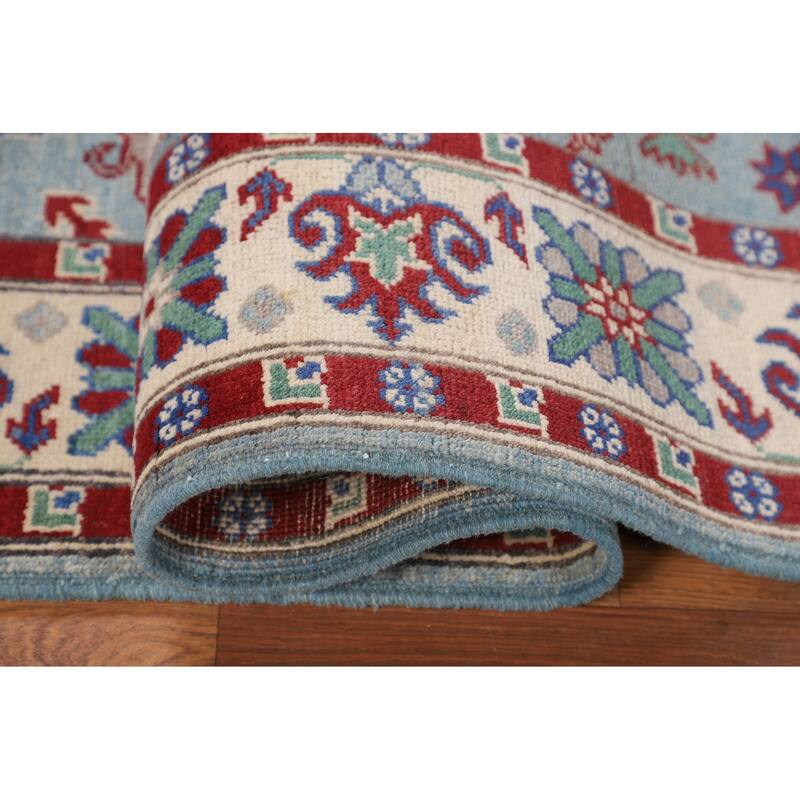Light Blue Geometric Kazak Rug Handmade Wool Carpet - 4'11" x 6'6"