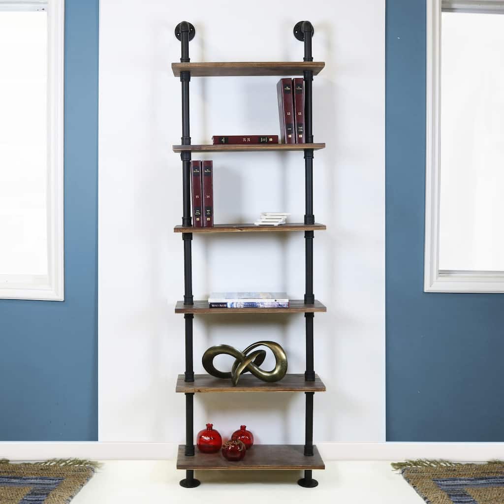 Tall Bookshelf Weathered Maple Wood Shelves Black Metal Pipe Framing