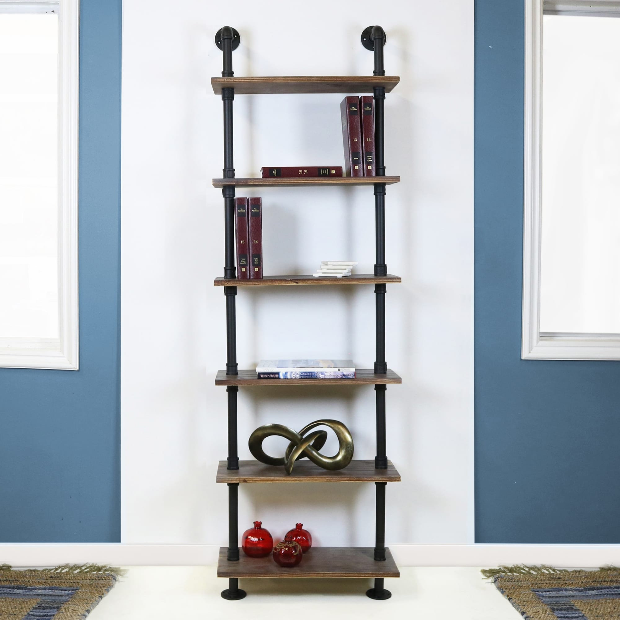 Tall Bookshelf Weathered Maple Wood Shelves Black Metal Pipe Framing