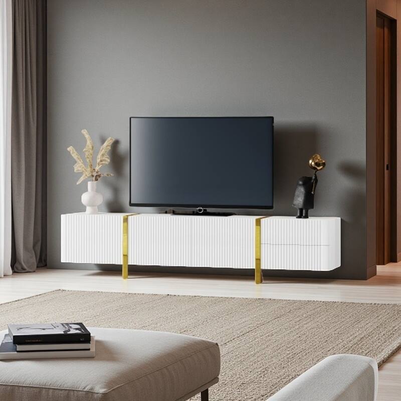 Luxurious 80-Inch TV Stand with Fluted Panels, Golden Wood Grain Legs, Storage Cabinets & Drawers, Modern Media Console - White