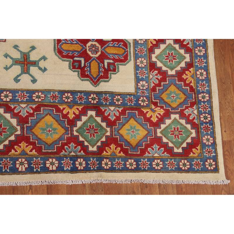 Ivory Geometric Kazak Area Rug Hand-Knotted Wool Carpet - 8'0" x 10'6"
