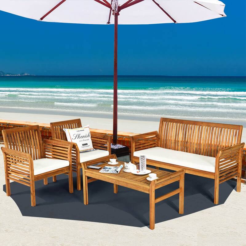 Costway 4 Piece Outdoor Acacia Wood Sofa Set with/without Teak Wood - as pic shows - See Details
