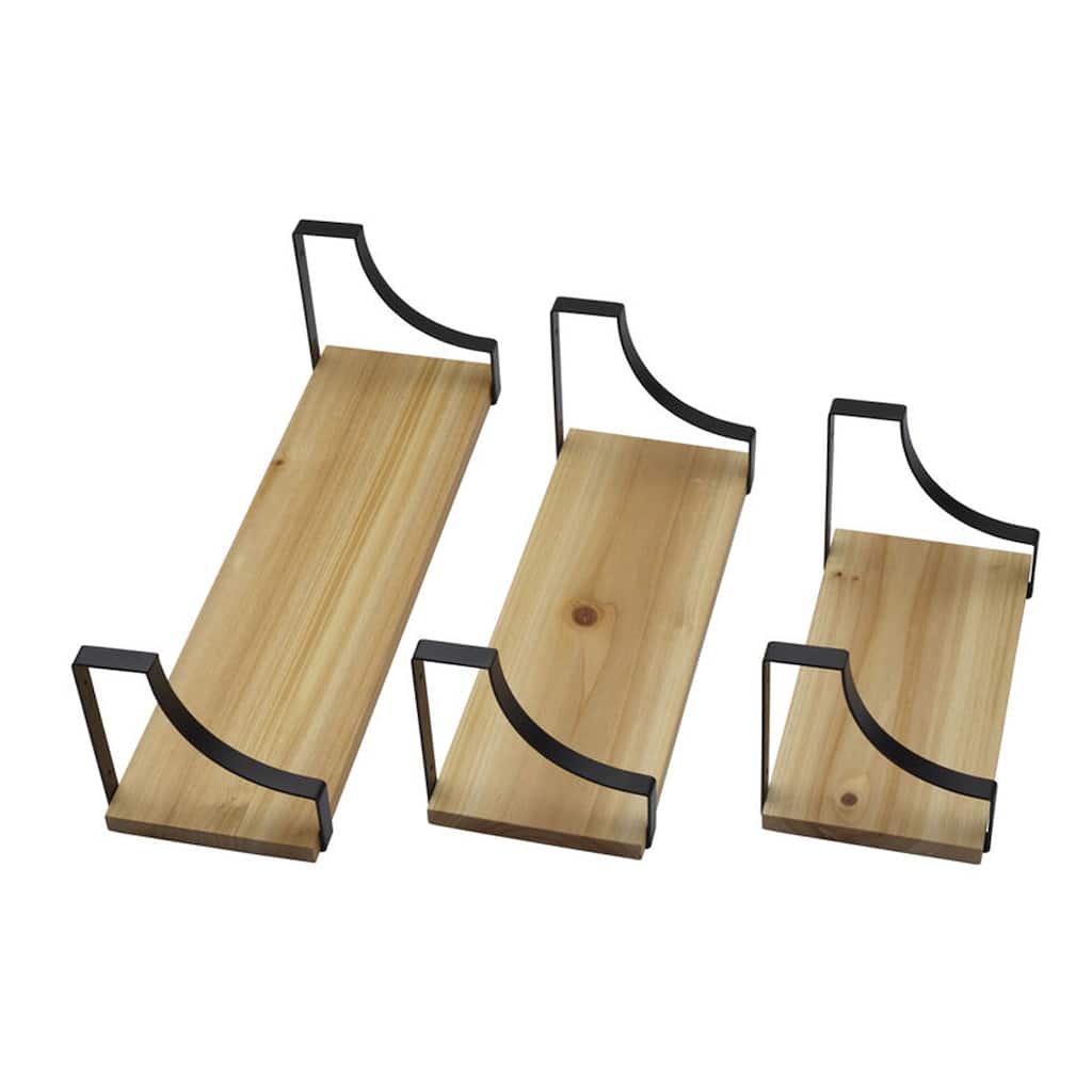 Melannco Set of 3 Floating Wood and Metal Curve Wall Shelves, 18, 14, 10 Inch, Natural