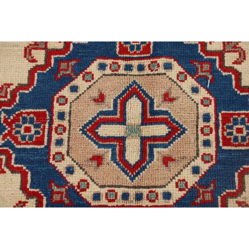 Ivory Geometric Kazak Foyer Rug Handmade Traditional Wool Carpet - 4'1" x 6'0"