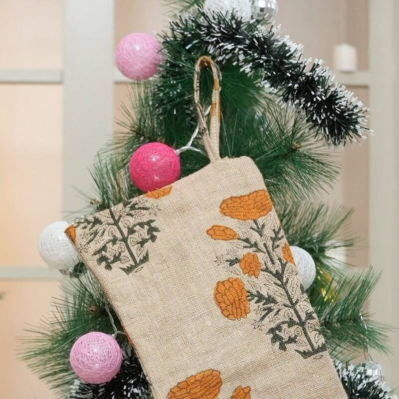 Fabdivine Handmade Floral Christmas Stockings Linen Block Print Décor - 10"X4.5"