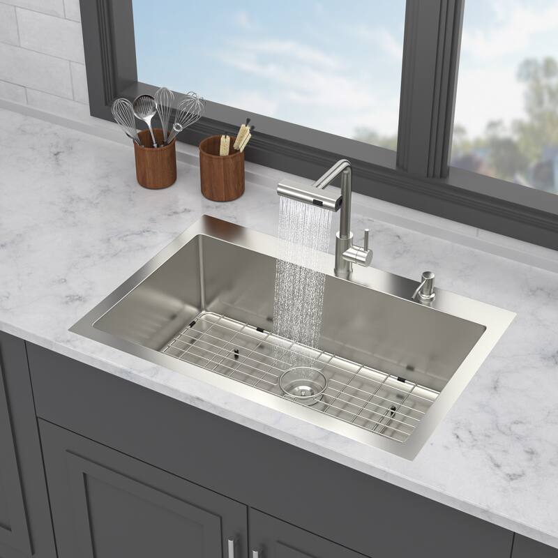 Drop-in Single Bowl 16 Gauge Stainless Steel Kitchen Sink with Pull-Out Faucet in Brushed Nickel