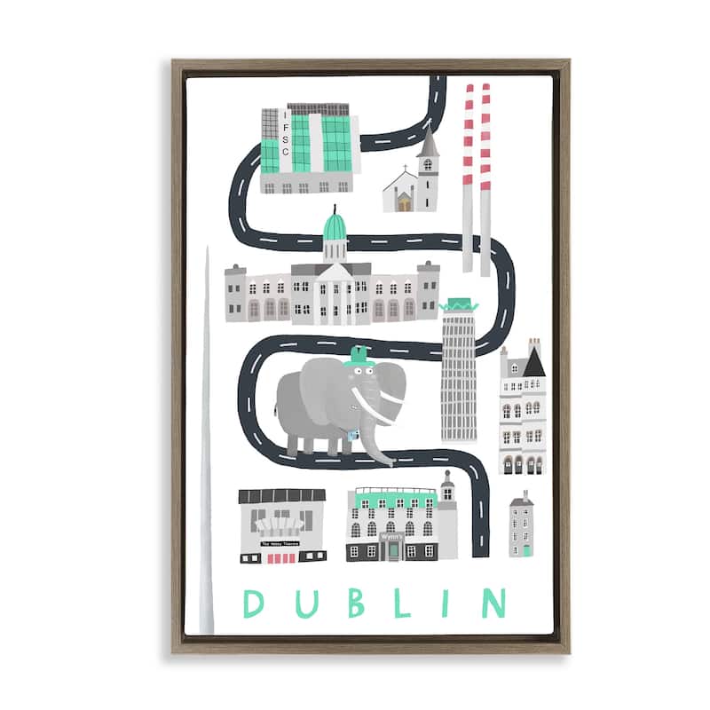 Stupell Dublin Whimsical Travel City Framed Floater Canvas Wall Art Design By Carla Daly - 17 x 25 - Brown