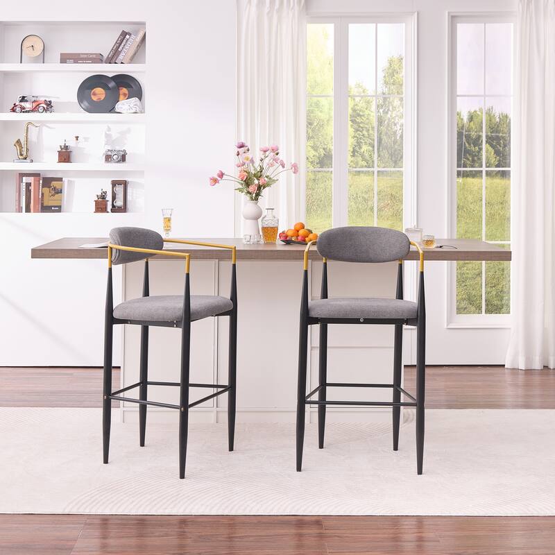 Modern Upholstered Bar Stool with Gold-Accented Armrests - 23" Seat Height,Ergonomic Design for Kitchen Island,2PCS/CTN