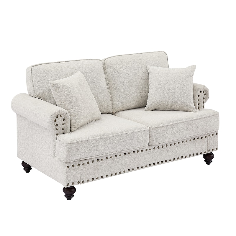 2 Seater Couch with Two Pillows, Bedroom Rolled Arm Sofa, Simple Upholstered Settee with Nailhead Decoration
