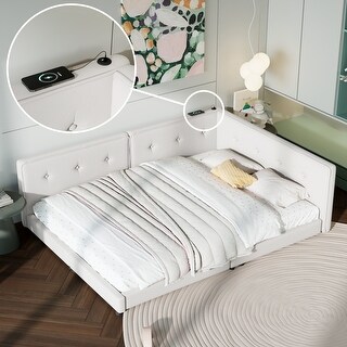 Upholstered Full Size Platform Bed with USB Ports, Linen Fabric, Sturdy Wood Daybed Frame, No Box Spring Needed, Beige