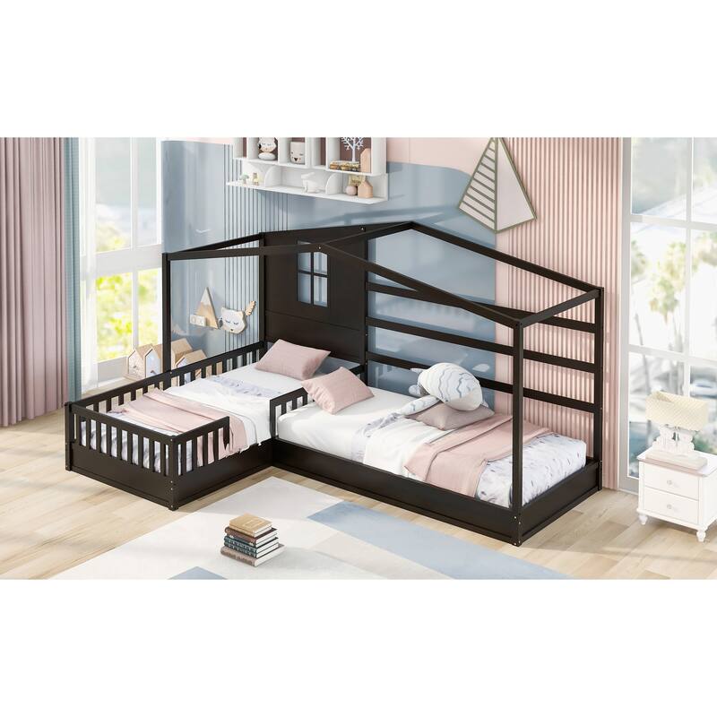 Two Twin Solid Bed with Fence and Slatted Frame for Toddler Kids Teens