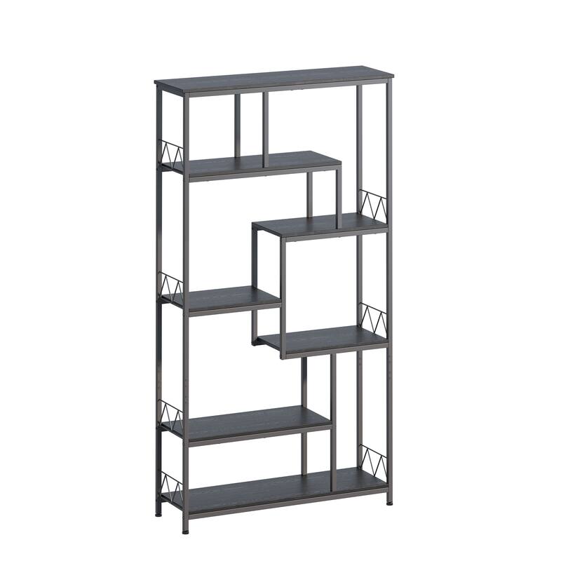 7-Shelves Staggered Bookcase Industrial Etagere Bookcase, Open Book Shelves