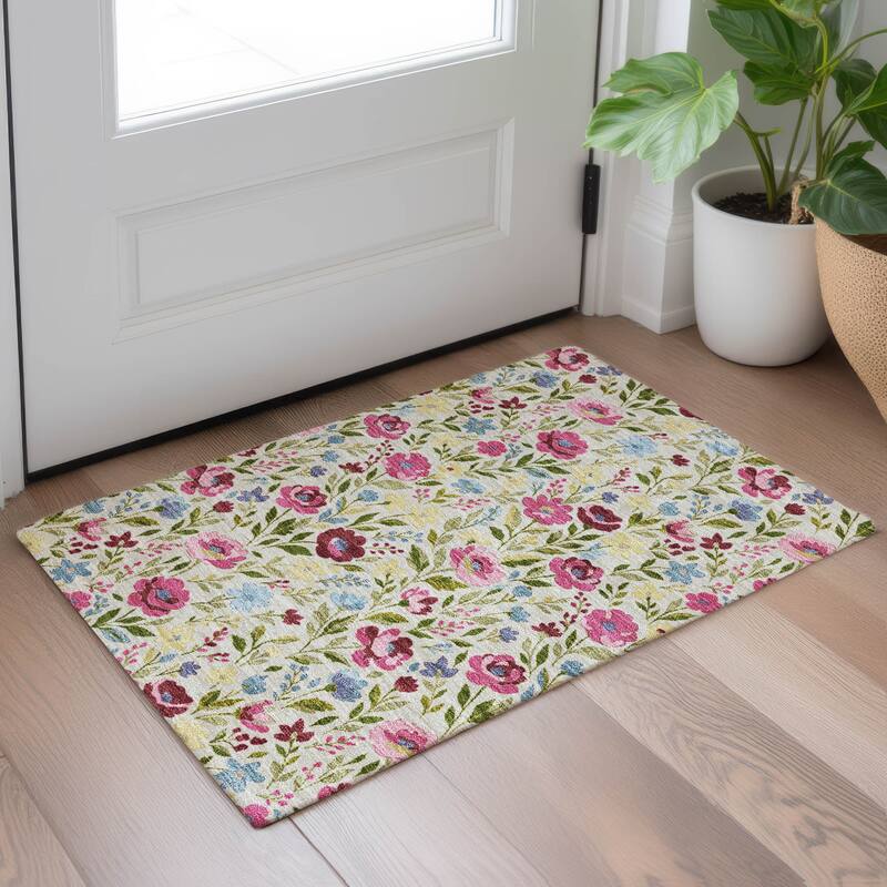 Machine Washable Indoor/ Outdoor Floral Garden Chantille Rug