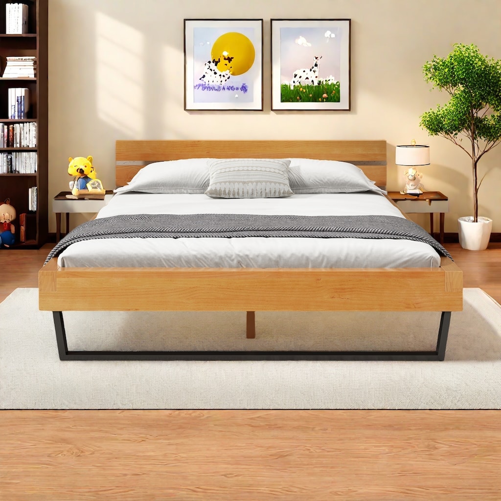 Queen Size Platform Bed with Powder-Coated Metal Supports, Easy Assembly