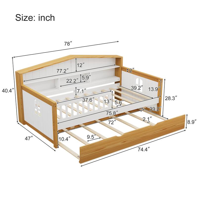 Wooden Twin Size House Shape Bed with Trundle and Bookcase Headboard