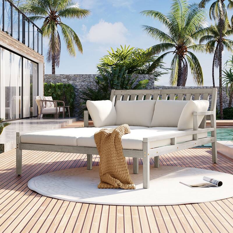 Outdoor Daybed, Patio Daybed with Four Pillows, Wooden Outdoor Bed with Curved Armrests for Poolside, Backyard, Garden - Gray+Beige