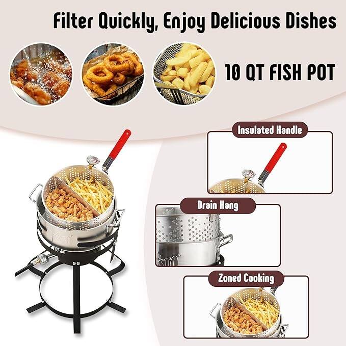 FEASTO 10 Qt Aluminum Outdoor Propane Gas Fryer Pot Kit with Strainer Basket, 50,000 BTU Burner, Perfect for Boiling and Frying