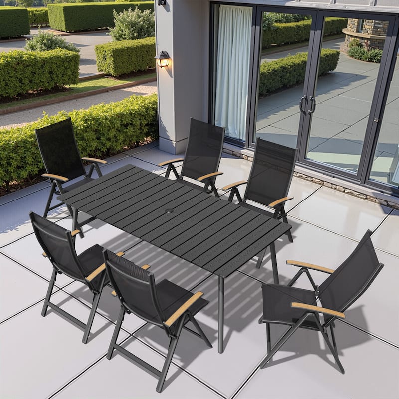 7/9-Piece Outdoor Rectangle Aluminum Dining Table with Umbrella Hole include Folding Chairs - 70in-BlackTable-7PC