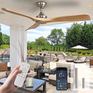 52 in. Wood Color Ceiling Fan Without Light for Patios, Modern Noiseless Ceiling Fan with Remote APP Control
