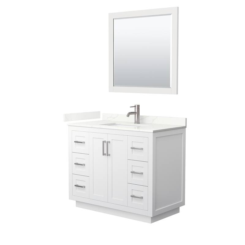 Miranda 42-inch Single Vanity, Quartz Top, 34-inch Mirror - White, Nickel Trim, Giotto Quartz Top