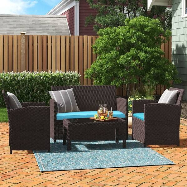 Zenova Outdoor Furniture Set 4 Pieces Wicker Rattan Sofa Waterproof