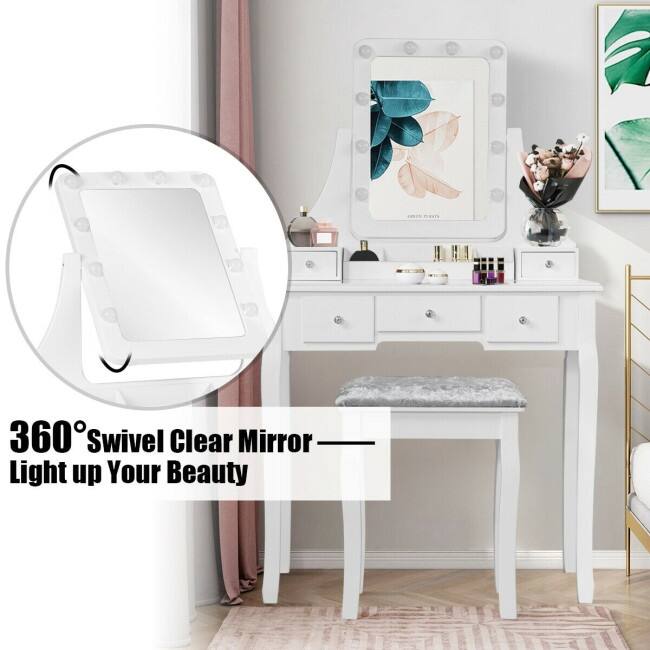 Vanity Dressing Table Set with 10 Dimmable Bulbs and Cushioned Stool - 31.5" x 16" x 53"(L x W x H)