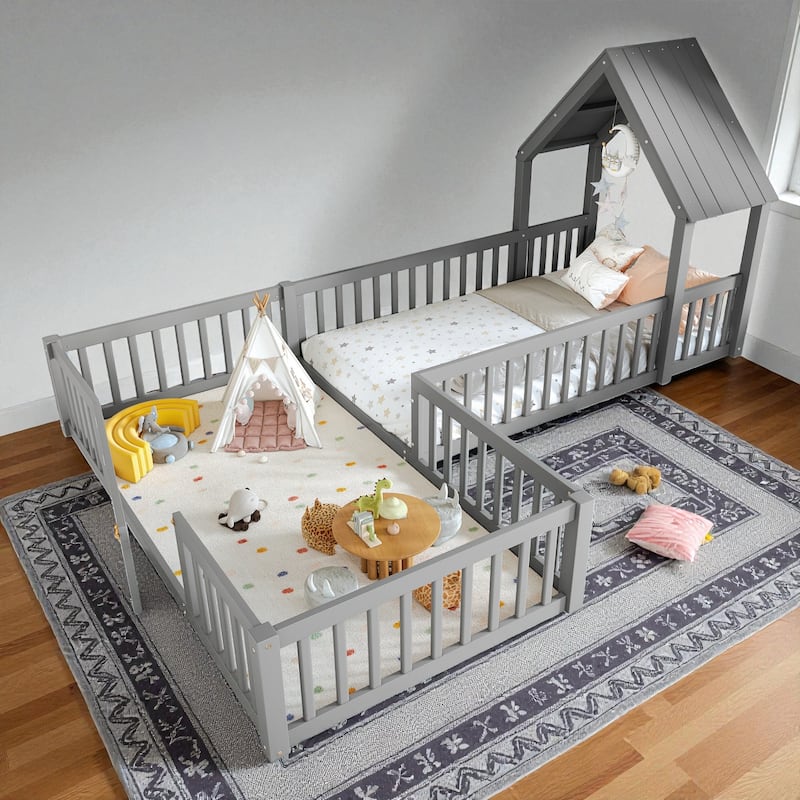 Twin/Full Size House Floor Bed with Door and Guardrails, Double Twin/Full Solid Wood Montessori Bed for Kids - Grey - Twin