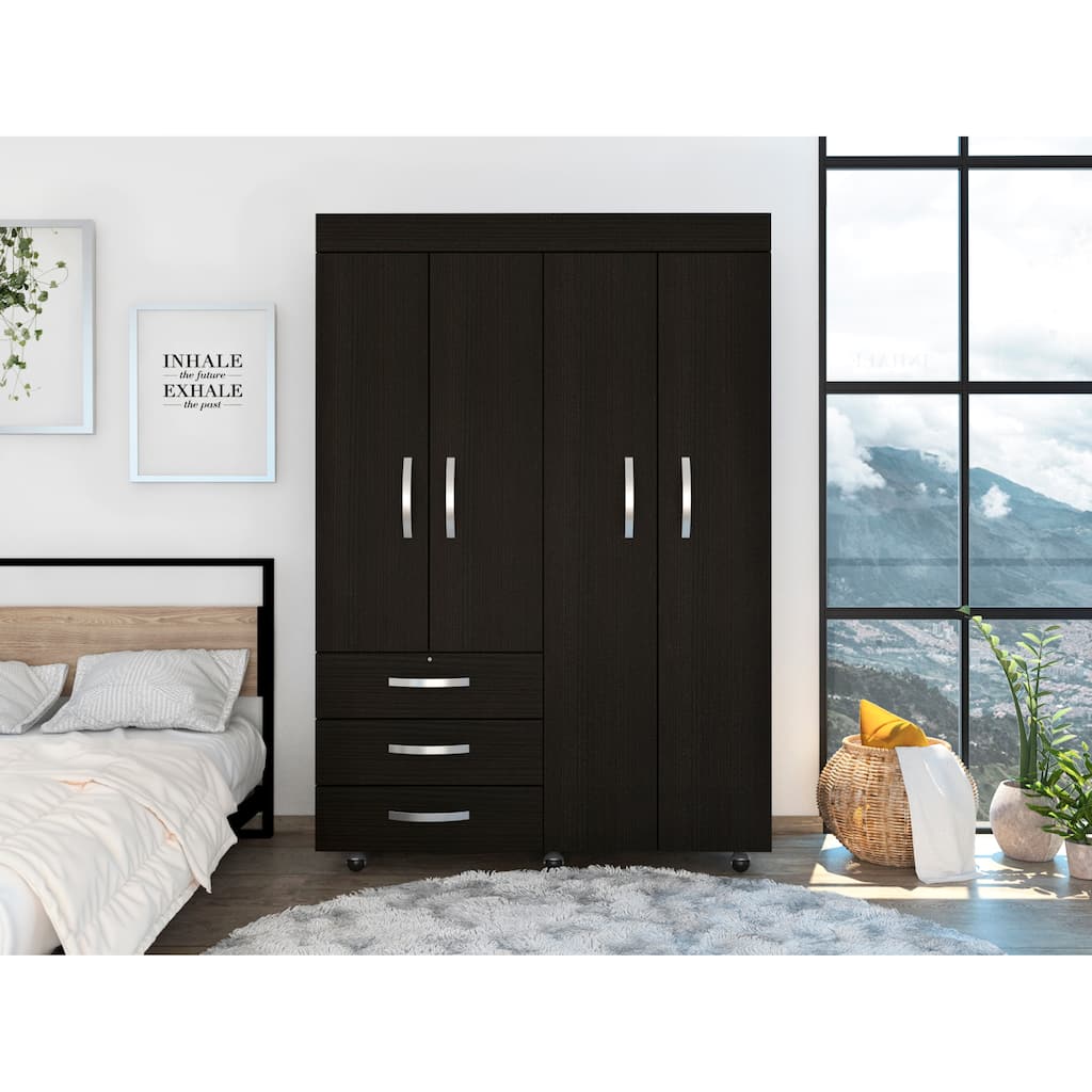46.9" Modern Mobile Armoire with Hanging Rod, Three Drawers and Two Shelves