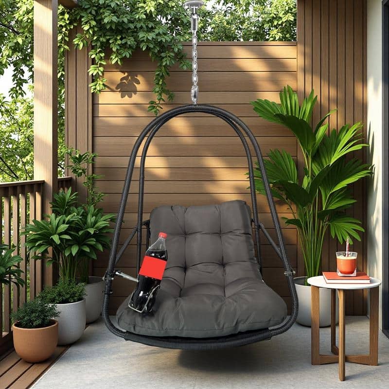 Rattan Egg Chair with Stand - Indoor/Outdoor Hanging Swing and Cushion and Cup Holder (350lb Capacity, Foldable) - Black