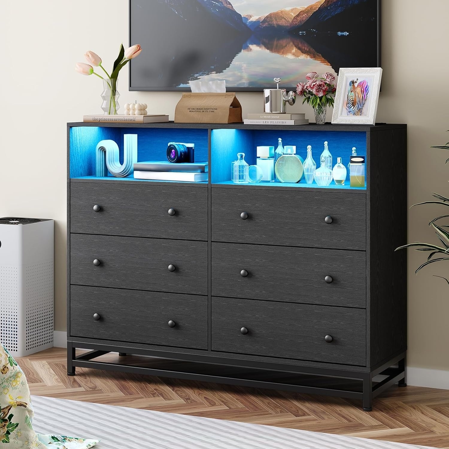 Wooden Dresser with Charging Station & LED Lights, Wide Chest of Drawers