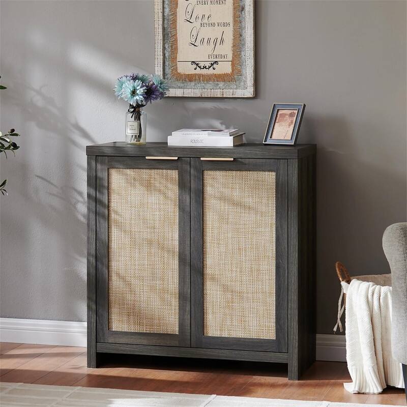 Hampstead Storage Cabinet Sideboard Cabinet with Rattan Doors - 13.7"D x 314"W x 32.7"H - 13.7"D x 314"W x 32.7"H - Black Oak