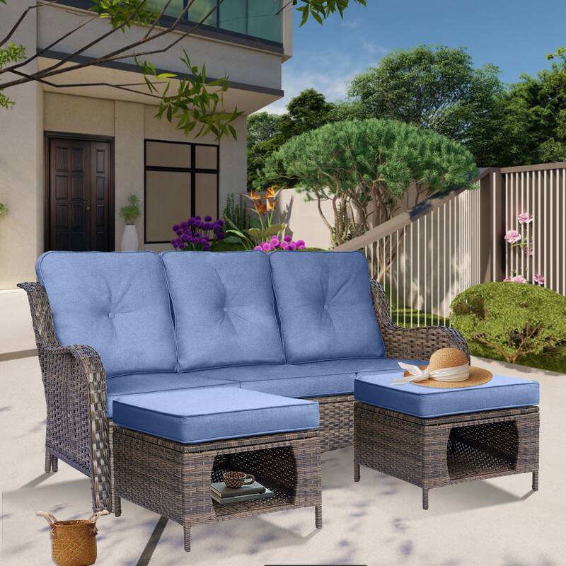 High Back Deep Seating Wicker Curved Outdoor Patio Sofa with Cushions - 3 Piece - Denim Blue